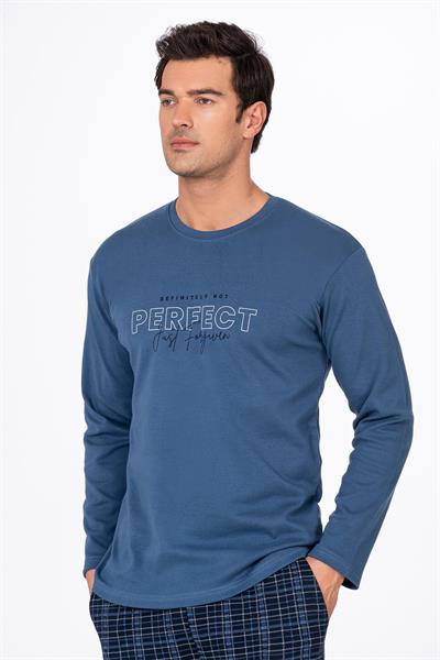 Erkek İnterlok Penye Bisiklet Yaka Pijama Takımı | İndigo 020