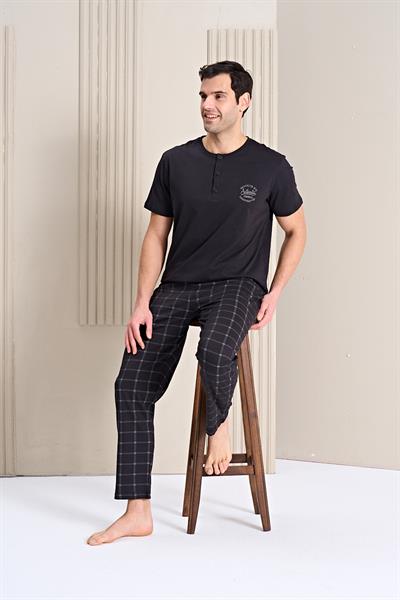 Erkek Desenli Kısa Kol Önü Patlı Altı Uzun Takım | Siyah 1756