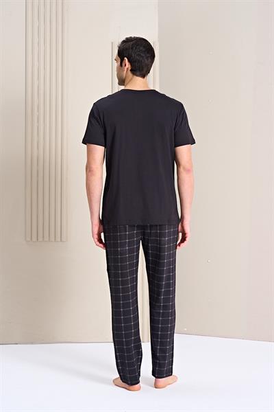 Erkek Desenli Kısa Kol Önü Patlı Altı Uzun Takım | Siyah 1756