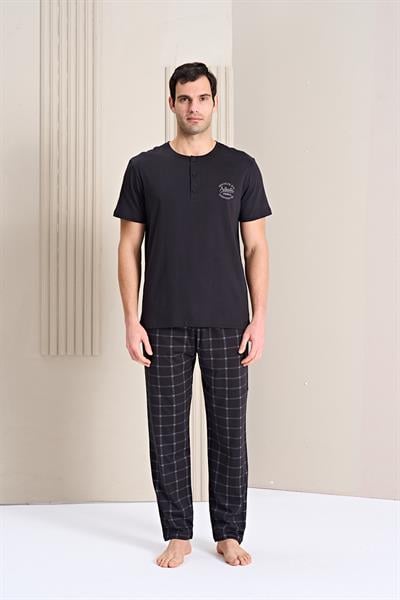 Erkek Desenli Kısa Kol Önü Patlı Altı Uzun Takım | Siyah 1756