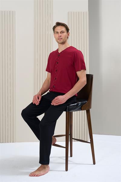 Erkek Önden Düğmeli Uzun Pijama Takım | Bordo 1717