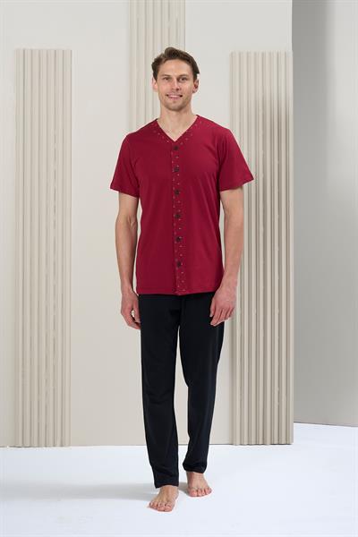 Erkek Önden Düğmeli Uzun Pijama Takım | Bordo 1717