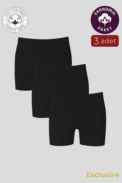 Erkek Pamuklu Penye Paçalı Boxer 3lü Paket – Rahat & Dayanıklı | Siyah K0043