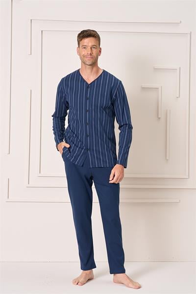 Erkek Penye Süprem Battal Önden Düğmeli Pijama Takımı | Lacivert 2144