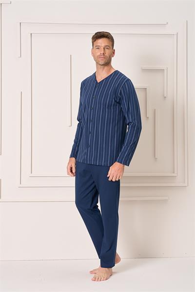 Erkek Penye Süprem Battal Önden Düğmeli Pijama Takımı | Lacivert 2144