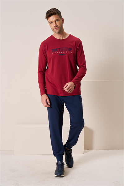 Erkek Penye Süprem Bisiklet Yaka Pijama Takım | Bordo 2197