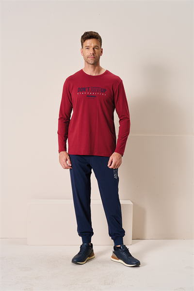 Erkek Penye Süprem Bisiklet Yaka Pijama Takım | Bordo 2197