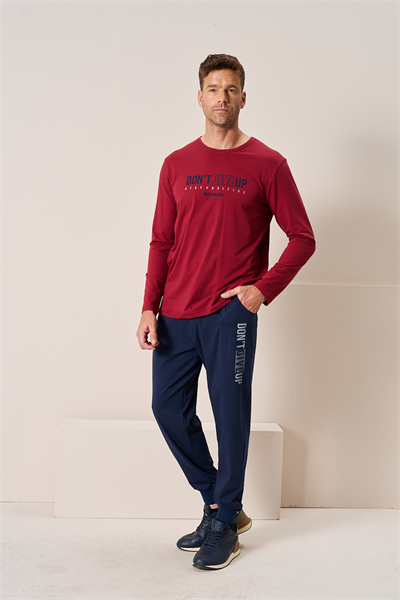 Erkek Penye Süprem Bisiklet Yaka Pijama Takım | Bordo 2197