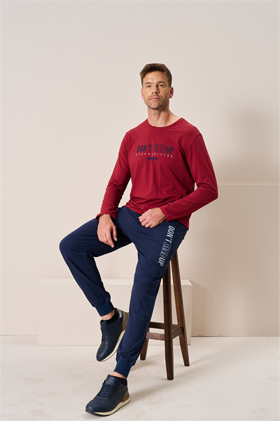 Erkek Penye Süprem Bisiklet Yaka Pijama Takım | Bordo 2197