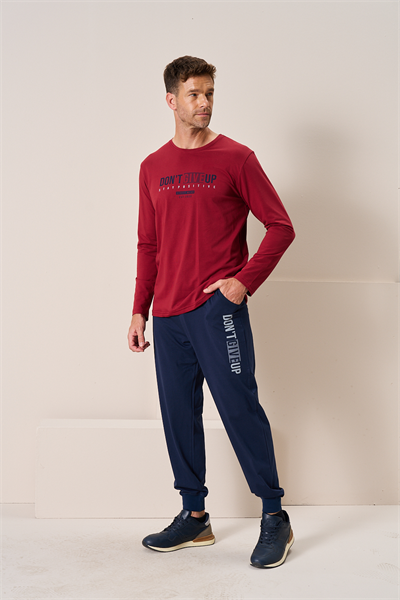 Erkek Penye Süprem Bisiklet Yaka Pijama Takım | Bordo 2197