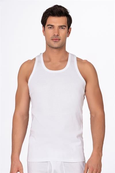 Erkek Pamuklu Ribana Sırtı Çapraz Sporcu Atlet | Beyaz K0058