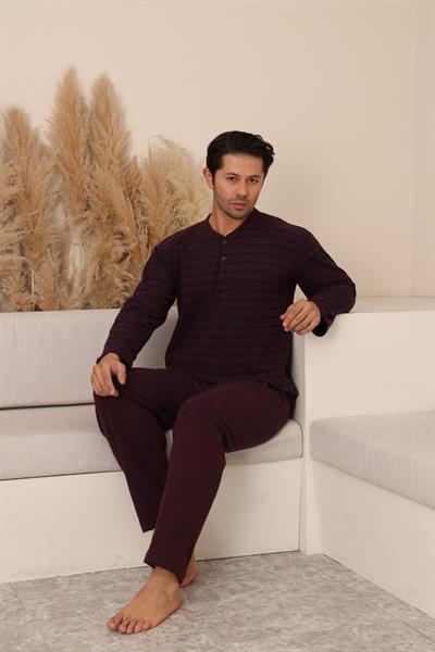 Erkek Selanik Önü Patlı Pamuklu Pijama Takımı | Bordo 630