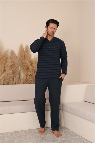 Erkek Selanik Önü Patlı Pamuklu Pijama Takımı | Petrol Mavisi 627