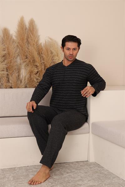 Erkek Selanik Önü Patlı Pamuklu Pijama Takımı | Antrasit 628