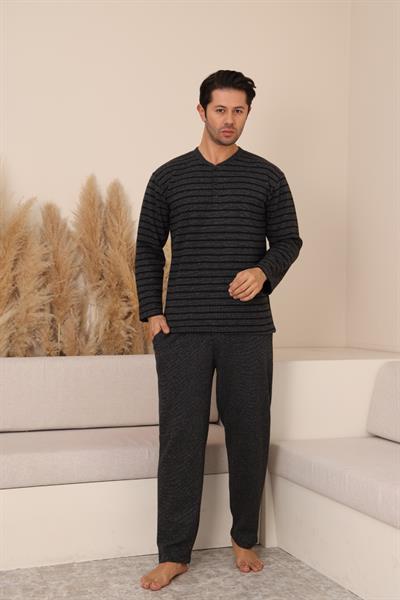 Erkek Selanik Önü Patlı Pamuklu Pijama Takımı | Antrasit 628