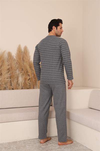 Erkek Selanik Önü Patlı Pamuklu Pijama Takımı | Gri 629
