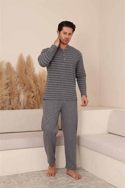 Erkek Selanik Önü Patlı Pamuklu Pijama Takımı | Gri 629