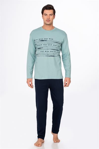 Erkek Stay Wild Baskılı Pamuklu Pijama Takımı | Su Yeşili 028