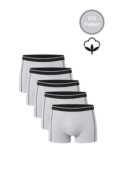 5li Paket Erkek Biyeli Pamuklu Likralı Boxer | Gri Melanj K11314