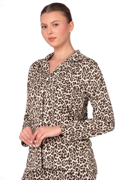 Lizbon Kumaş Leopar Desenli İçi Şardonlu Önden Düğmeli Kadın Pijama Takımı