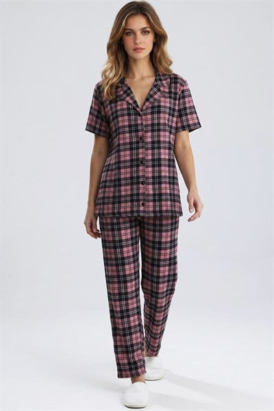 Kadın Önden Düğmeli Pijama Takım Ekose Pembe