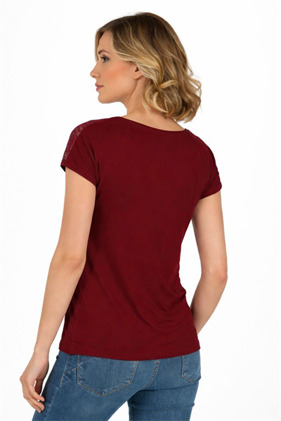 Kadın Omuz Dantel Detaylı Örme Bluz | Bordo 25465