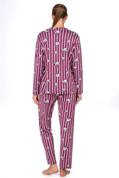 Lizbon Kumaş Mürdüm Panda Desenli Çizgili Önden Düğmeli Kadın Pijama Takımı