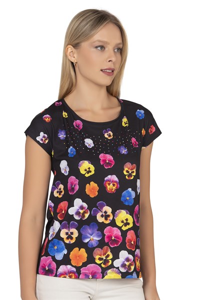Kadın Renkli Çiçek Desenli Kısa Kol Bluz | Siyah 25909