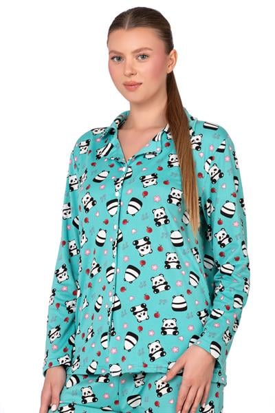 Lizbon Kumaş Turkuaz Panda Desenli Önden Düğmeli Kadın Pijama Takımı