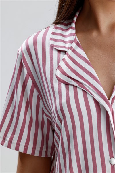 Kadın Düğmeli Dikey Çizgi Kısa Kollu  Pijama Takım | Mor 