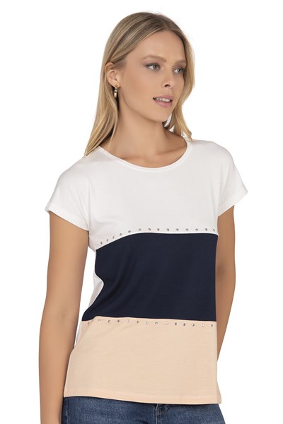 Kadın Renk Bloklu Taş Detaylı Kısa Kol Bluz | Beyaz 25874
