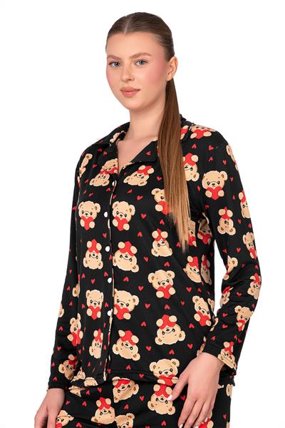 Lizbon Kumaş Siyah Ayıcık Desenli Önden Düğmeli Kadın Pijama Takımı