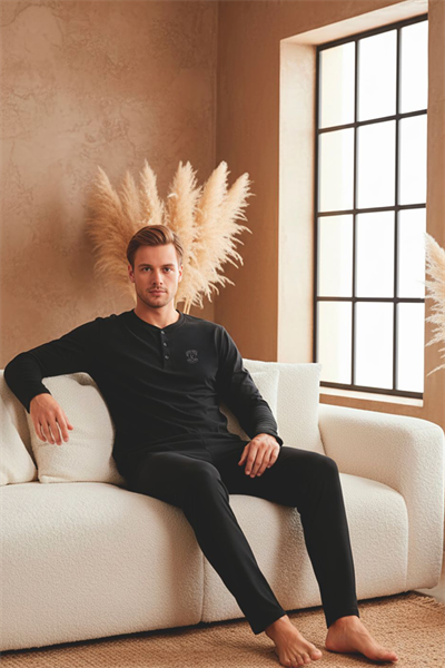 Erkek Uzun Kollu 4 Mevsim Penye Süprem Önü Patlı Pijama Takımı | Siyah 801