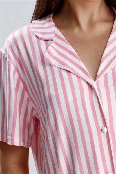 Kadın Kısa Kollu Dikey Çizgili Pijama Takım | Pembe