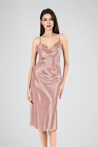 Degaje Yaka Saten Uzun Gecelik | Vizon 7741