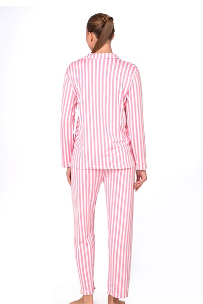 Pembe Çizgili Lizbon Kumaş İçi Şardonlu Önden Düğmeli Kadın Pijama Takımı