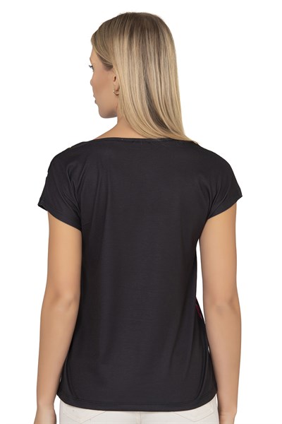 Kadın Renkli Çiçek Desenli Kısa Kol Bluz | Siyah 25909