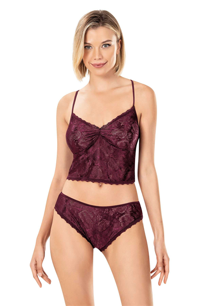 Kadın Jakarlı Dantel Büstiyer Külot Takım | Bordo 9151