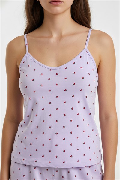 Kadın İp Askılı Yumuşak Dokulu Küçük Kiraz Desenli Şortlu Pijama Takım | Llila 70111-4714