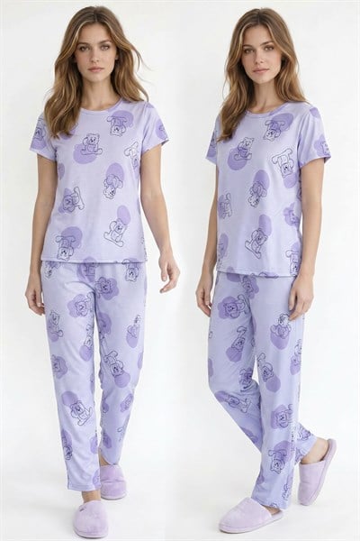 Kadın Bisiklet Yaka Yumuşak Dokulu Büyük Ayıcık Desenli Kısa Kol pijama Takım | Lila  70132-4663