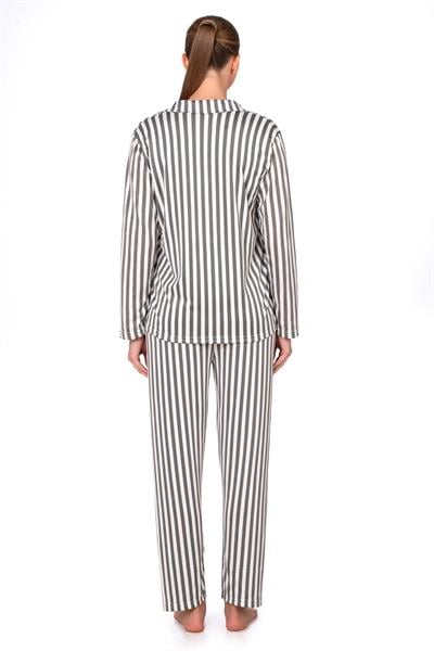 Gri Çizgili Lizbon Kumaş İçi Şardonlu Önden Düğmeli Kadın Pijama Takımı