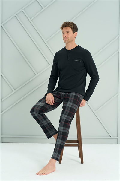 Erkek İnterlok Genç Önü Patlı Pijama Takım | Siyah 2233