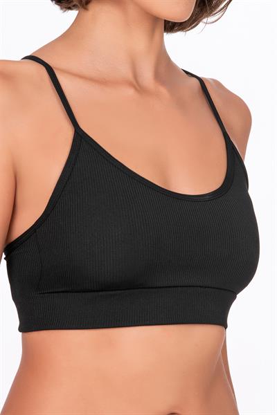Fitilli İnce Askılı Şekillendirici Spor Sütyeni | Siyah