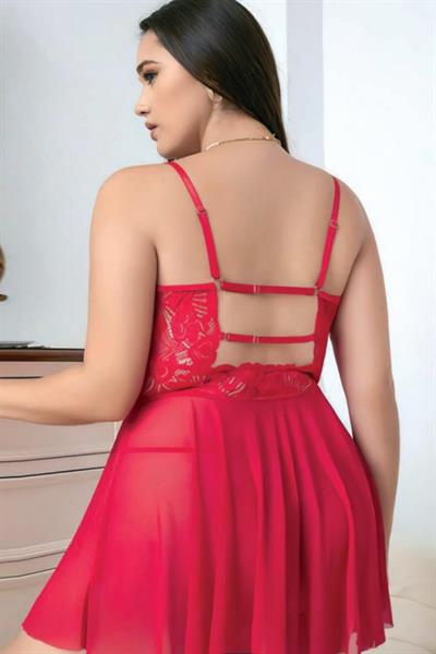 Fiyonk Detay Büyük Beden Fantezi Gecelik | Kırmızı  3628