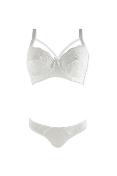 Desteksiz İp Detay Dantelli Sütyen Külot Takım | Ekru 231 C Kap