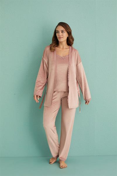 Kadife Sabahlıklı Üçlü Takım | Pudra 13402