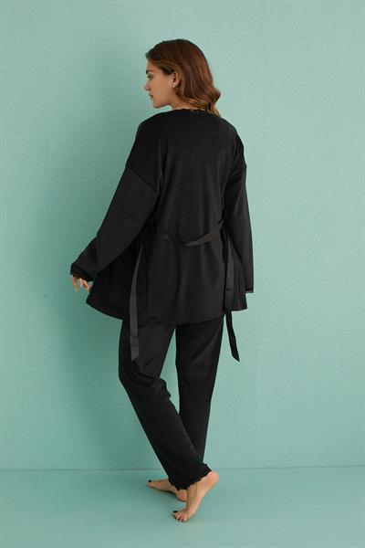 Kadife Sabahlıklı Üçlü Takım | Siyah13402