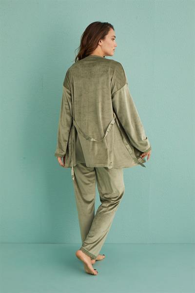 Kadife Sabahlıklı Üçlü Takım | Elma Yeşili 13402