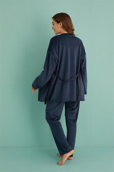 Kadife Sabahlıklı Üçlü Takım | Lacivert 13402