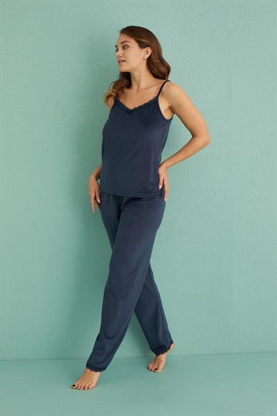 Kadife Sabahlıklı Üçlü Takım | Lacivert 13402